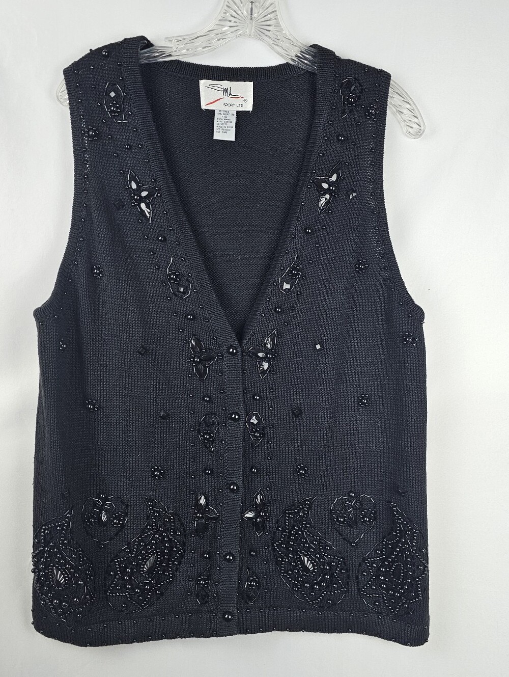 Vtg 90's SML Sport Dark Beadwork Black Knit Vest Sm Holiday Grandmacore